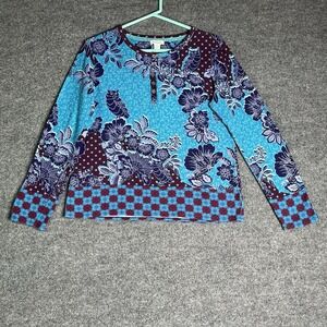 Sundance Shirt Womens M Blue Owl Floral Waffle Henley Knit Long Sleeve Boho